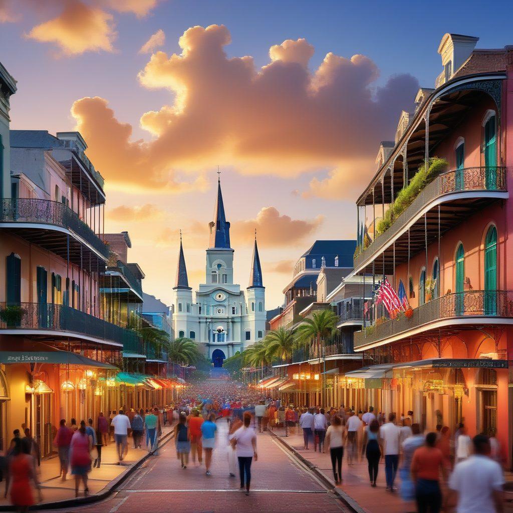 A vibrant cityscape of New Orleans with iconic landmarks like the French Quarter and St. Louis Cathedral in the background, bustling with diverse people engaging in community events. Highlight interconnected web service symbols flowing seamlessly between nonprofit organizations and event planning icons. super-realistic. vibrant colors. dynamic.
