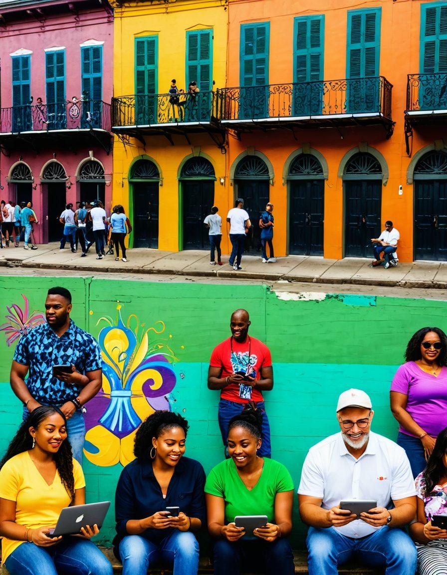 A diverse and vibrant New Orleans community connecting through digital tools on their smartphones and laptops, with iconic city landmarks like the French Quarter and Mardi Gras elements in the background. Include diverse individuals of different ages and ethnicities to emphasize unity. vibrant colors. community mural art style.