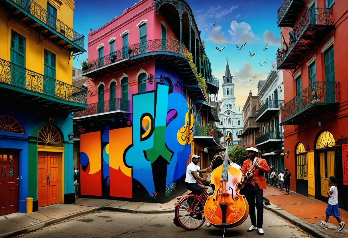 A vibrant collage of New Orleans landmarks blending with digital network icons and community organization logos, set against a background of a lively cityscape featuring jazz musicians and colorful street art. Vibrant colors. 3D. super-realistic.